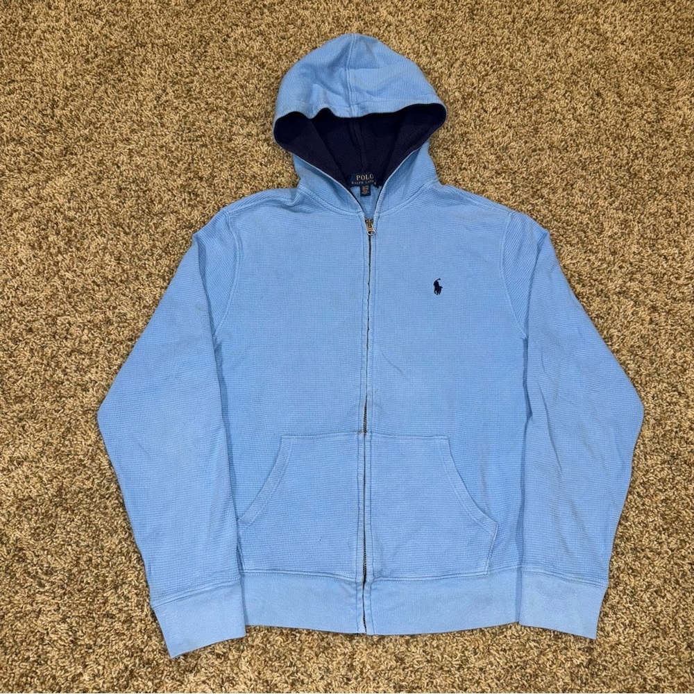 Polo Ralph Lauren Youth Blue Preppy Casual Thermal Waffle Zip Up Hoodie Sz.XL